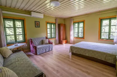 a bedroom with a bed and a couch and windows at Alaušo Salos - Malinauskų kaimo turizmo sodyba in Sudeikiai