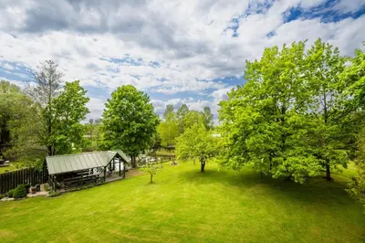 a green yard with a building and trees at Alaušo Salos - Malinauskų kaimo turizmo sodyba in Sudeikiai