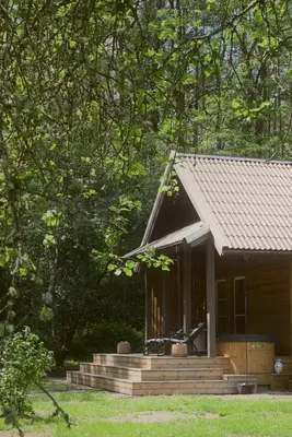 a small house with a porch and stairs to it at ALNUS KIEMAS in Kampiškiai
