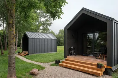 a black house with a deck and a tree at Rest Green in Degesiai
