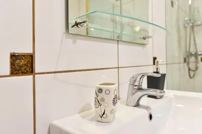a bathroom sink with a cup sitting on it at Žemyna Apartmentai in Druskininkai
