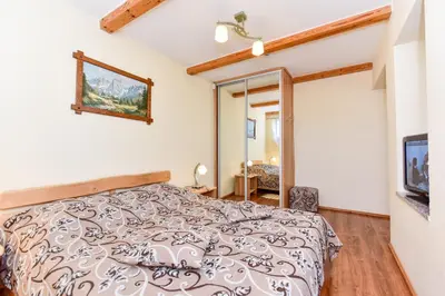 a bedroom with a bed and a mirror at Žemyna Apartmentai in Druskininkai