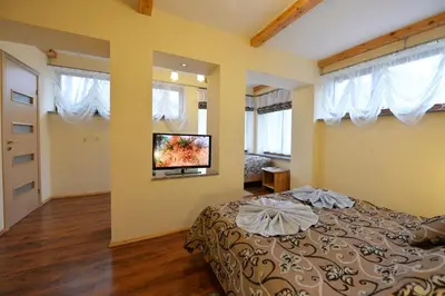 a bedroom with a bed in a room with windows at Žemyna Apartmentai in Druskininkai