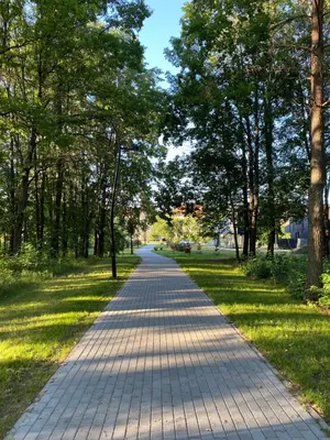 a walkway in a park with trees and grass at Upės apartamentai in Birštonas
