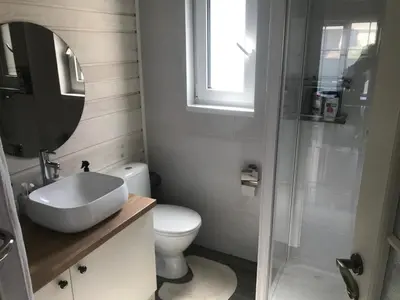 a bathroom with a toilet and a sink and a mirror at Cozy holiday house with sauna and entertainment in Puskelniai