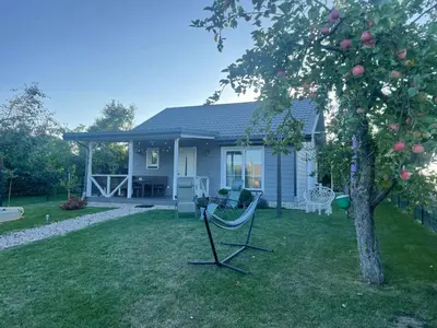 a house with a tree and a chair in the yard at Cozy holiday house with sauna and entertainment in Puskelniai