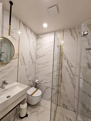 a bathroom with a shower and a toilet and a sink at Editos apartamentai in Jurbarkas