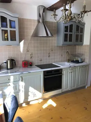 a kitchen with white cabinets and a black dishwasher at Tranquil country cottage with outdoor fireplace in Stelmužė