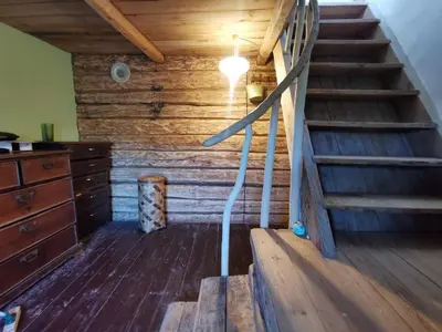 a staircase in a room with wooden walls and wooden floors at Tranquil country cottage with outdoor fireplace in Stelmužė