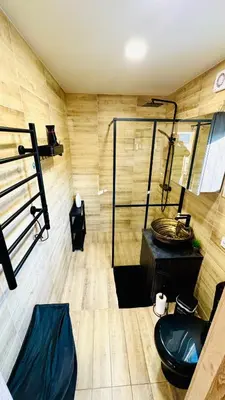 a bathroom with a shower and a toilet and a sink at Chill House in Anykščiai