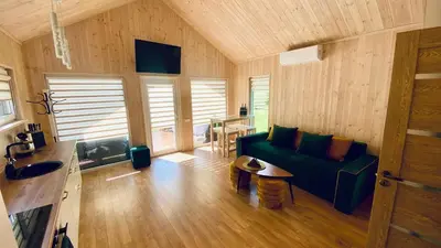 a living room with a green couch and a table at Chill House in Anykščiai