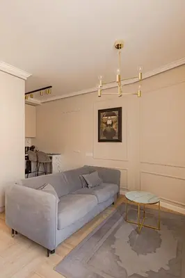 a living room with a couch and a table at TOP located NEW Stylish apartment in Vilnius Old Town in Vilnius