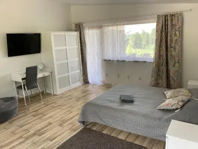 a bedroom with a bed and a desk and a window at Domo Vila in Druskininkai