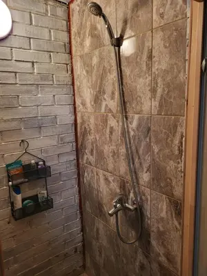 a shower in a bathroom with a brick wall at Namas su terasa in Vilnius