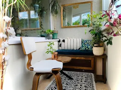 a room with a bench and a mirror and plants at Three bedroom with two terraces for 7people+baby in Kaunas