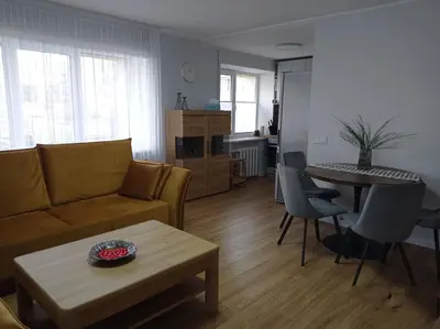 a living room with a couch and a table at TIMO butas in Druskininkai