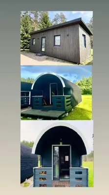 a collage of two pictures of a house at Palūšės Kempingas (nameliai) in Palūšė