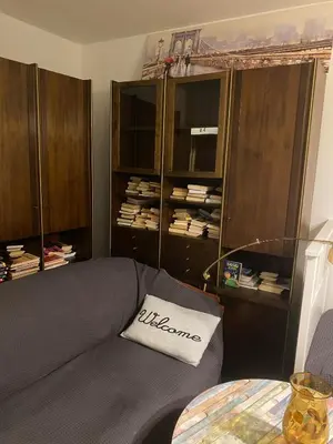 a room with a couch and a book shelf at Įdomus būstas ant Neries skardžio in Vilnius