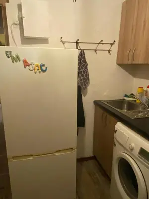 a white refrigerator in a kitchen with a washing machine at Įdomus būstas ant Neries skardžio in Vilnius