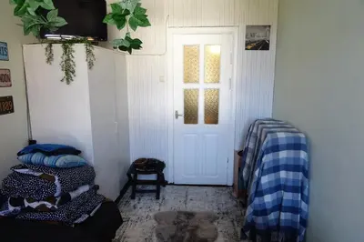 a room with a white door and a window at Studija virš cukrainės Druskininkuose in Druskininkai