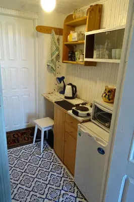 a small kitchen with a stove and a refrigerator at Studija virš cukrainės Druskininkuose in Druskininkai