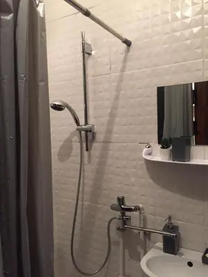a bathroom with a shower with a toilet and a sink at Studija virš cukrainės Druskininkuose in Druskininkai