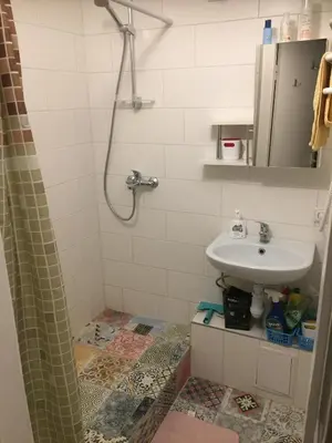 a bathroom with a sink and a shower at Jaukus būstas netoli Šaulio skulptūros in Druskininkai