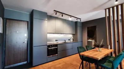 a kitchen with blue cabinets and a wooden table at Dabintos Apartament Druskininkai in Druskininkai