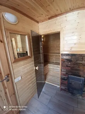 a sauna in a wooden cabin with a fireplace at Užupio namai in Anykščiai