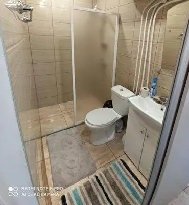 a bathroom with a toilet and a shower and a sink at Užupio namai in Anykščiai