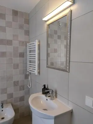a white bathroom with a sink and a mirror at Gelvadiskes Forest in Vilnius
