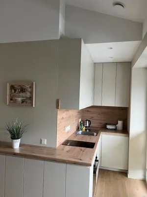 a kitchen with white cabinets and a wooden counter top at Apartamentai Muziejaus g. in Birštonas
