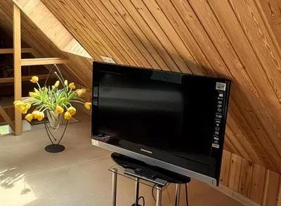 a large flat screen tv sitting on a wall at Dvi liepos in Merkinė