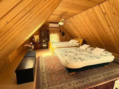 a bedroom with two beds in a attic at Dvi liepos in Merkinė