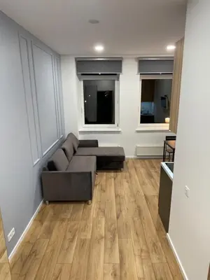 a living room with a couch and two windows at 16 Airport Apartment in Vilnius
