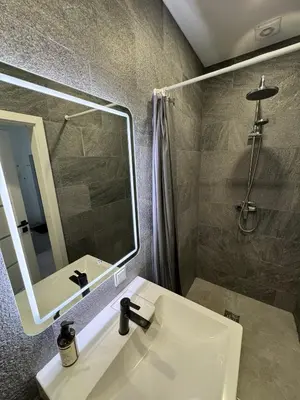 a bathroom with a sink and a mirror and a shower at 16 Airport Apartment in Vilnius
