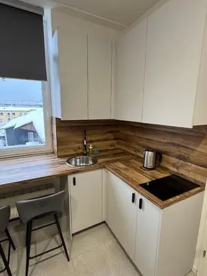 a kitchen with white cabinets and a sink and a window at 16 Airport Apartment in Vilnius