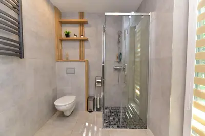 a bathroom with a shower and a toilet at Forest relax in Svedai
