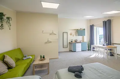 a living room with a green couch and a kitchen at The house Kaunas in Kaunas