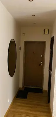 a hallway with a door and a mirror on a wall at S&A apartamentai in Panevėžys