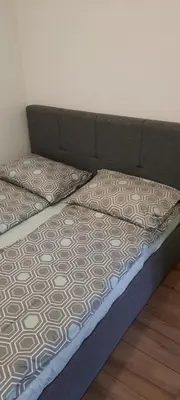 a bed with two pillows on it in a room at Butukas in Anykščiai