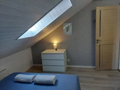 a attic bedroom with a bed and a skylight at Apartments MILENA in Druskininkai