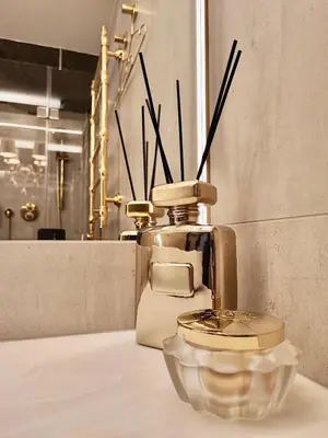 a golden toilet sitting on top of a counter at Luxury Queen V apartment with Jacuzzi in Kaunas
