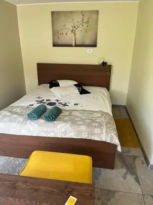 a bed with two pillows on it in a bedroom at Pušynas1 in Anykščiai