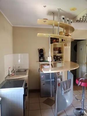 a small kitchen with a sink and a counter at Vilnius Cat Friendly in Vilnius