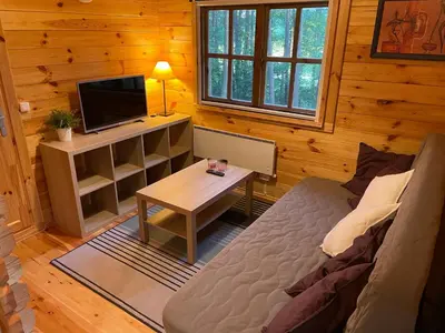 a living room with a bed and a tv and a table at Vila Paradise Bay in Smalvos