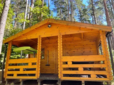 a log cabin with a porch in the woods at Vila Paradise Bay in Smalvos