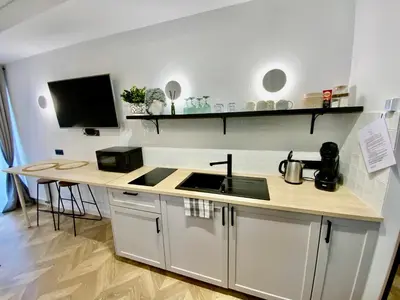 a kitchen with a sink and a counter top at Salt Garden Apartments in Druskininkai