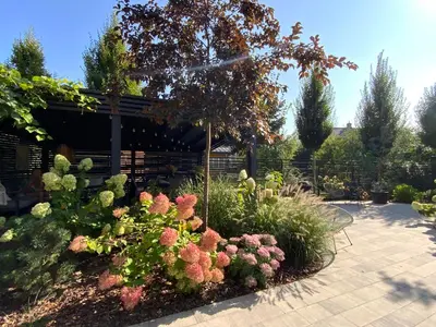 a garden with flowers and plants in a yard at Salt Garden Apartments in Druskininkai