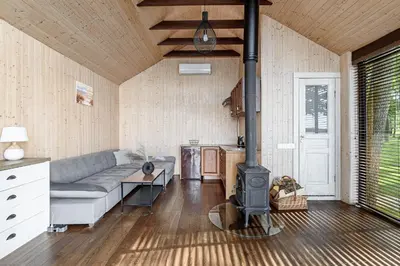 a living room with a couch and a stove at Paplūdimio namukas in Molėtai